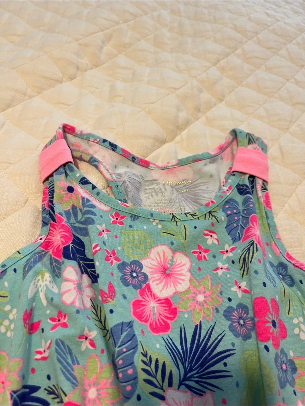 Tommy Bahama L 10/12 Girls' Tropical Floral Tank Dress - Aqua with Pink & Blue